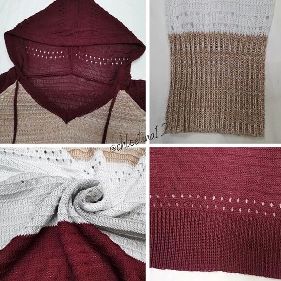 NEW Color Block Knit Pullover Hoodie - Wine Grey Mix - Picture 8 of 12